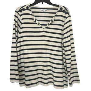 Chico’s Cotton Cream & Navy Blue Striped V Neck Button Detail Nautical Top Large